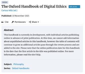 The Oxford Handbook of Digital Ethics edited by Carissa Véliz