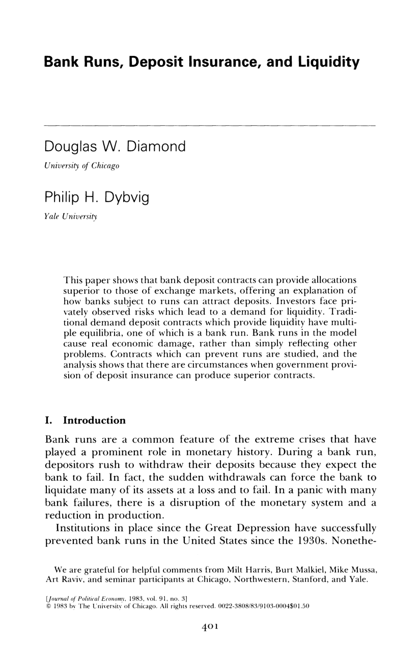 Bank Runs, Deposit Insurance and Liquidity (Journal of Political Economy,  Vol. 91, No. 3, June 1983) - Five Books Expert Reviews